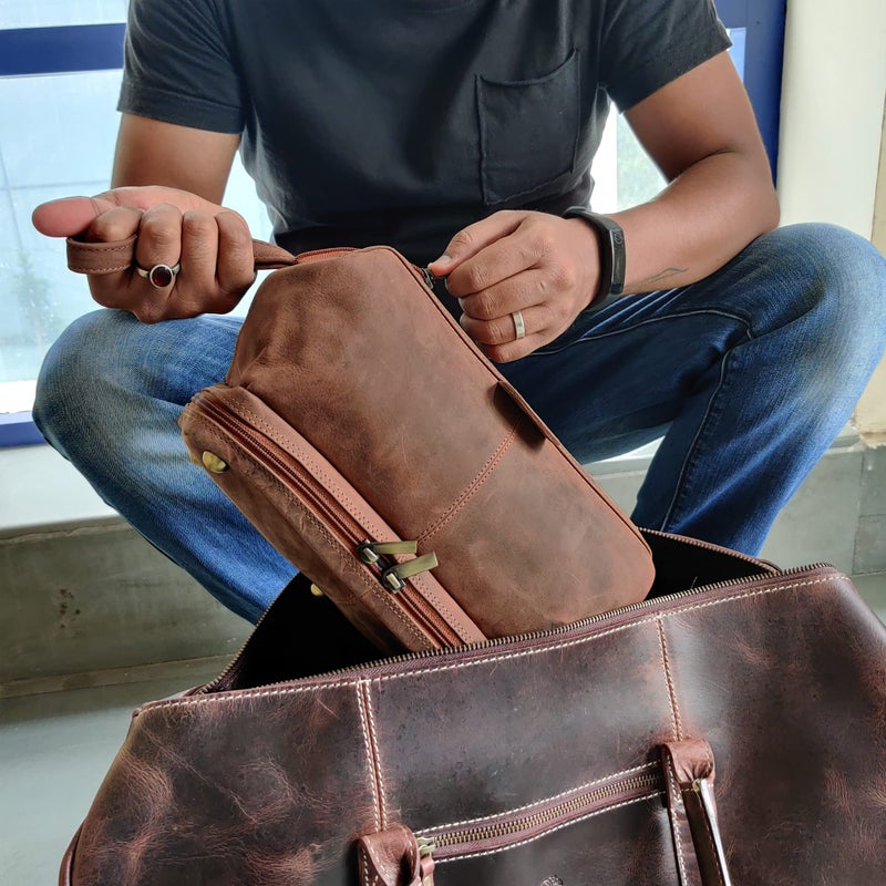 RUSTIC TOWN Leather Toiletry Bag for Men - Travel Gift Shaving Dopp Kit - Bathroom Shower Organizer - Cosmetic Makeup Bag for Women (Brown) - Image 2